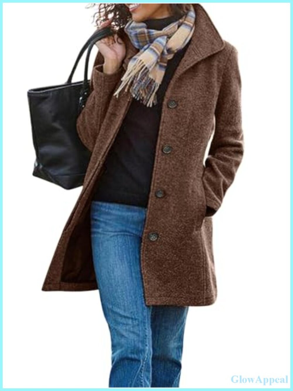 Winter Pea Coat, Single Breasted Stand Collar Wool Blend Overcoat for Women